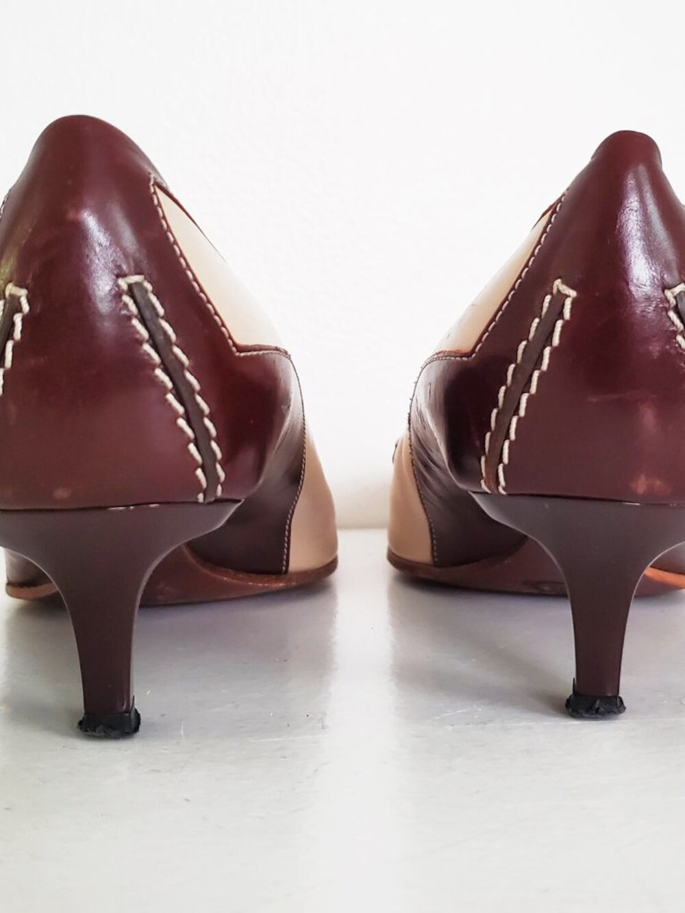 Tod's Penny Loafer Beige & Brown Leather Kitten Heel Pumps Sz 38.5 - Picture 8 of 13
